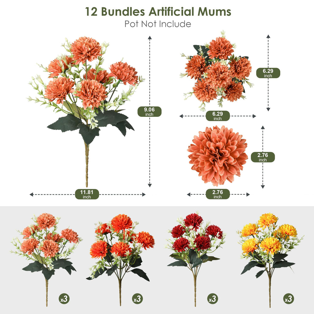 Fake Mums Artificial Fall Flowers for Outdoors Outside Decorations, 12 Bundles Silk Chrysanthemums Fall Flowers Faux