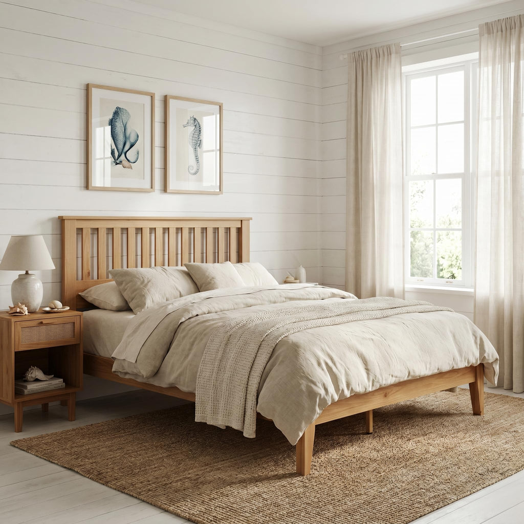 Wood Platform Bed - Pine, Queen, Bed & Mission-Style Headboard
