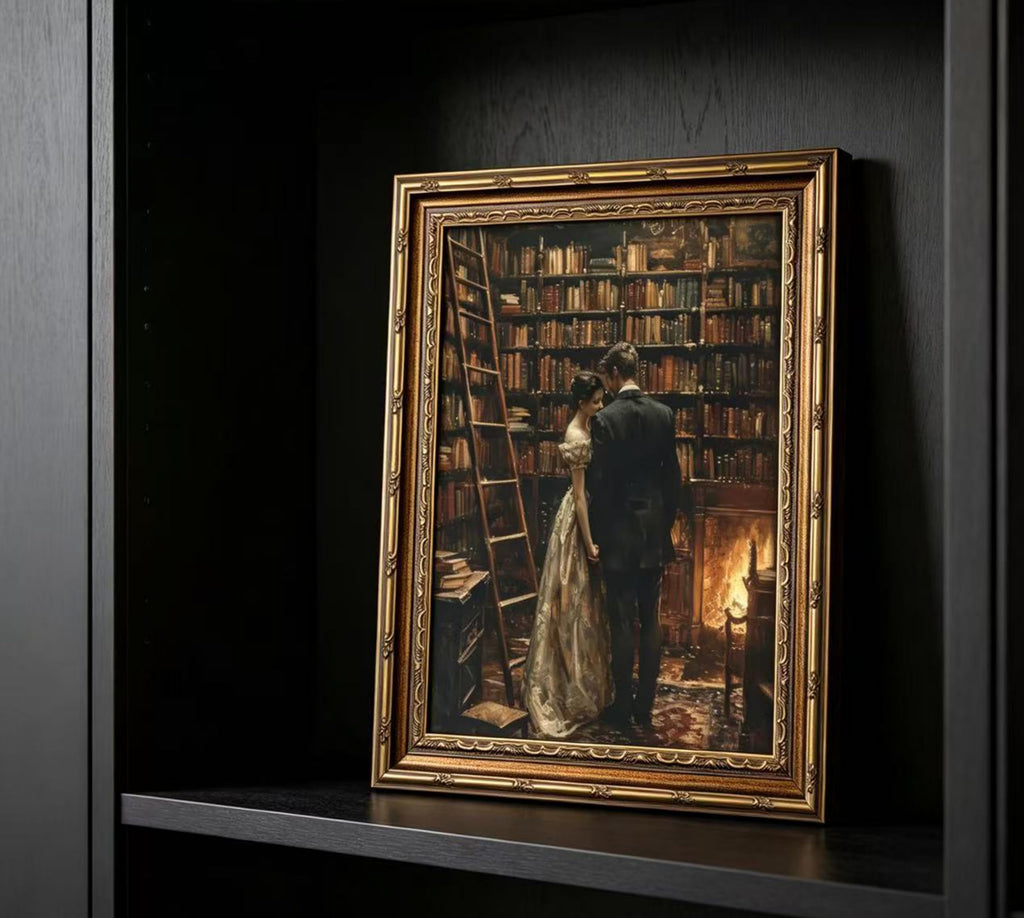Vintage Gold Framed Library Couple Wall Art, Dark Academia Romantic Canvas Print, Moody Romantic Victorian Library