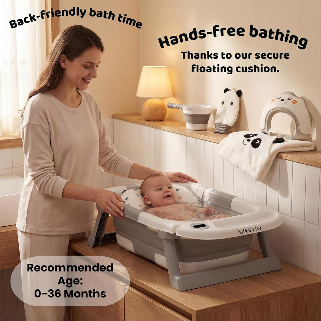 In-1 Collapsible Baby Bathtub Set with Thermometer, Foldable Infant Tub for Newborn to Toddler, Portable Bath Set