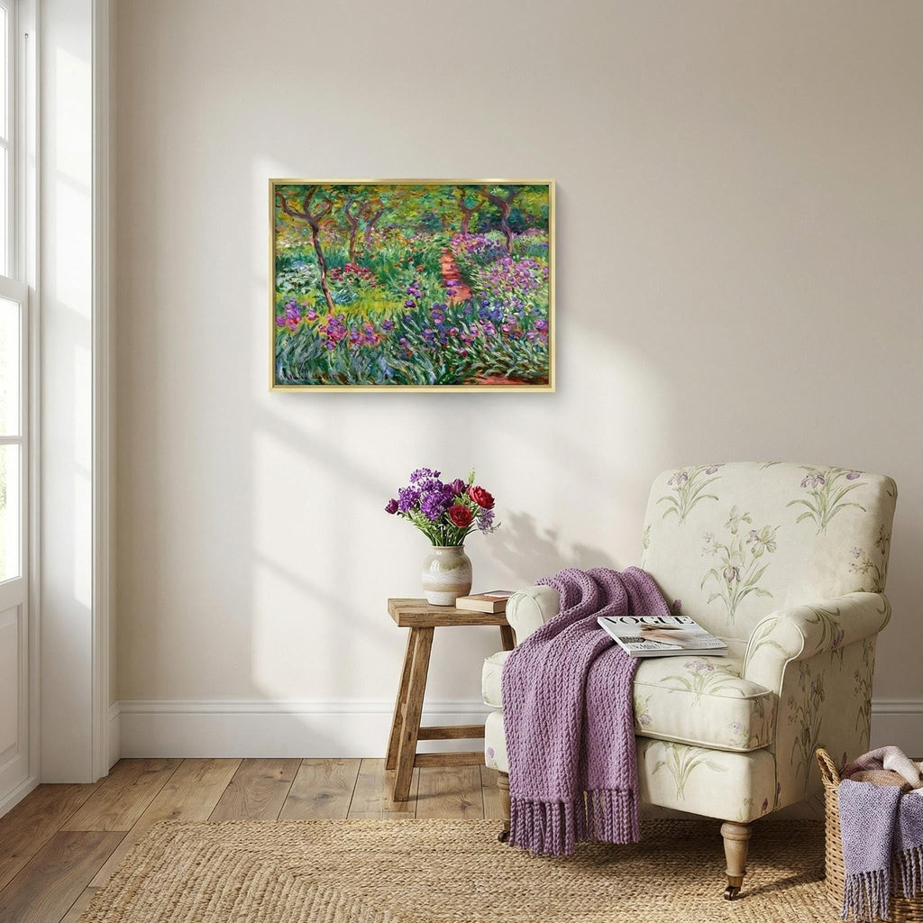Framed Claude Monet Purple Gold Green Wall Art - Monet Canvas Wall Art with Water Lilies & Garden at Giverny