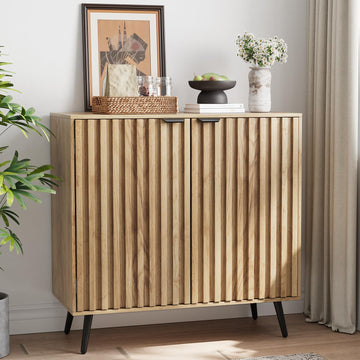 Buffet Cabinet with Storage, Sideboard Cabinet with Fluted Doors and Metal Legs, Storage Cabinet with Adjustable