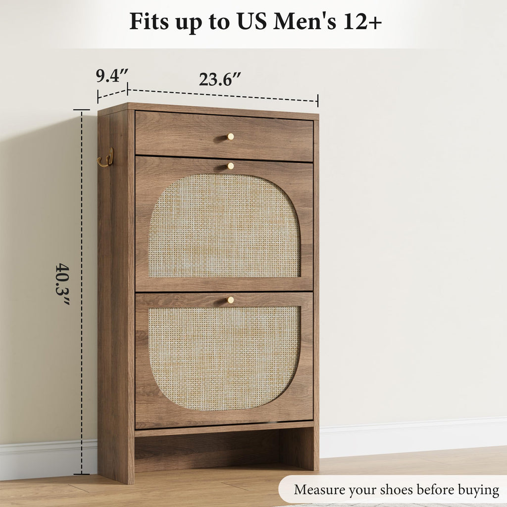 Shoe Storage Cabinet, Slim Shoe Rack with 2 Flip Drawers and Top Storage Drawer, Narrow Shoe Organizer with Arched