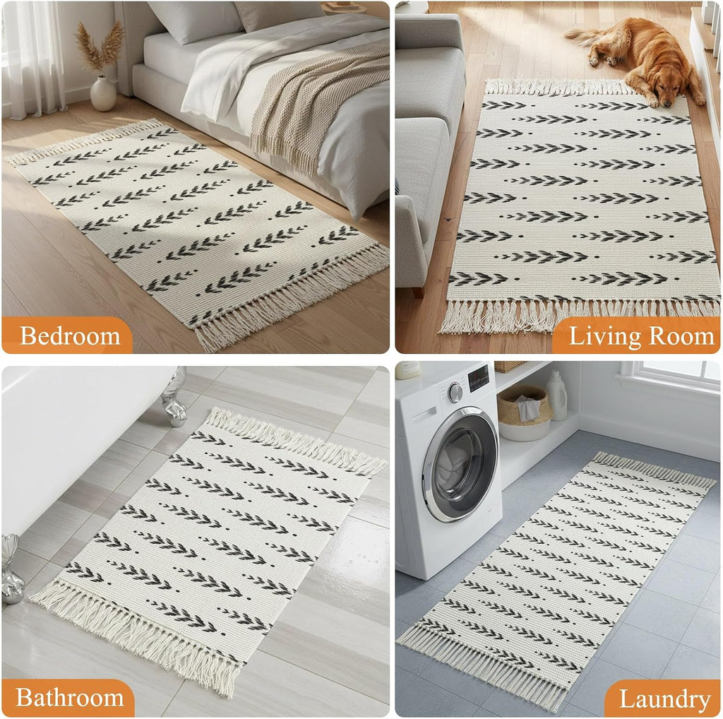 Modern Scandi Botanical Leaves Kitchen Runner Rug Boho Tassel Rugs Floor Carpet, Minimalist Black Leaf on White