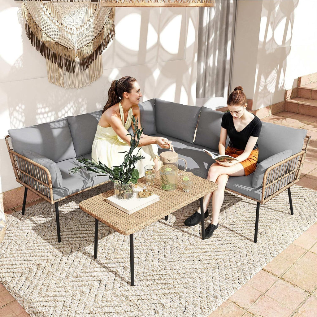 Patio Furniture Set, 4 Pieces Outdoor Patio Conversation Set, All-Weather PE Rattan Sectional L-Shaped Sofa with Soft