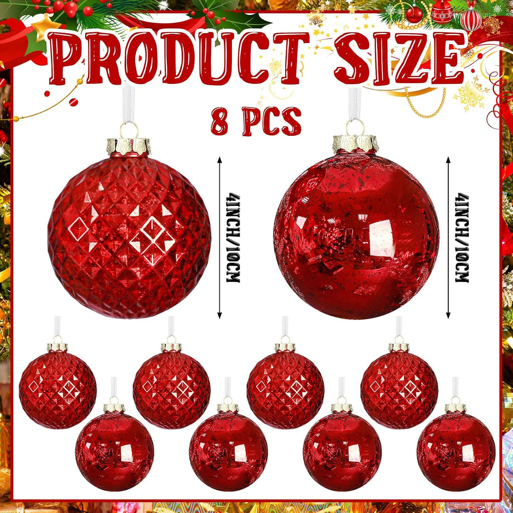 Red Christmas Ball Ornaments 4" Shatterproof Mercury - Set of 8
