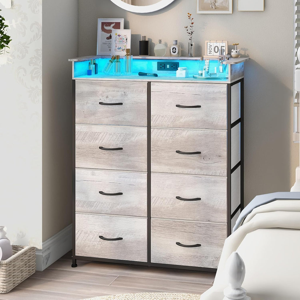 Dresser with Charing Station Grey Dresser with LED Lights Tall Dressers with 8 Drawers Storage Tower for Closet