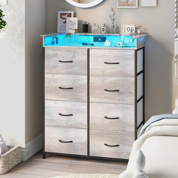 Dresser with Charing Station Grey Dresser with LED Lights Tall Dressers with 8 Drawers Storage Tower for Closet
