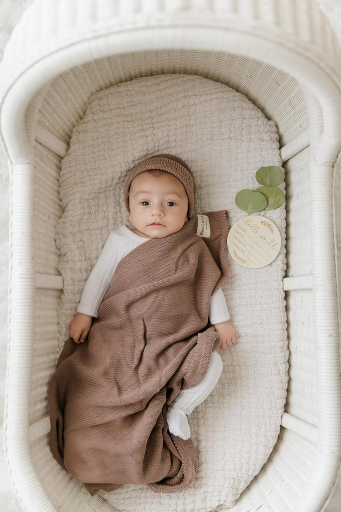 Baby Gift Set - Organic Cotton Blanket + Hat Set, Newborn Blanket Essentials, Baby Boy Gifts (Luxe - Milk Chocolate)
