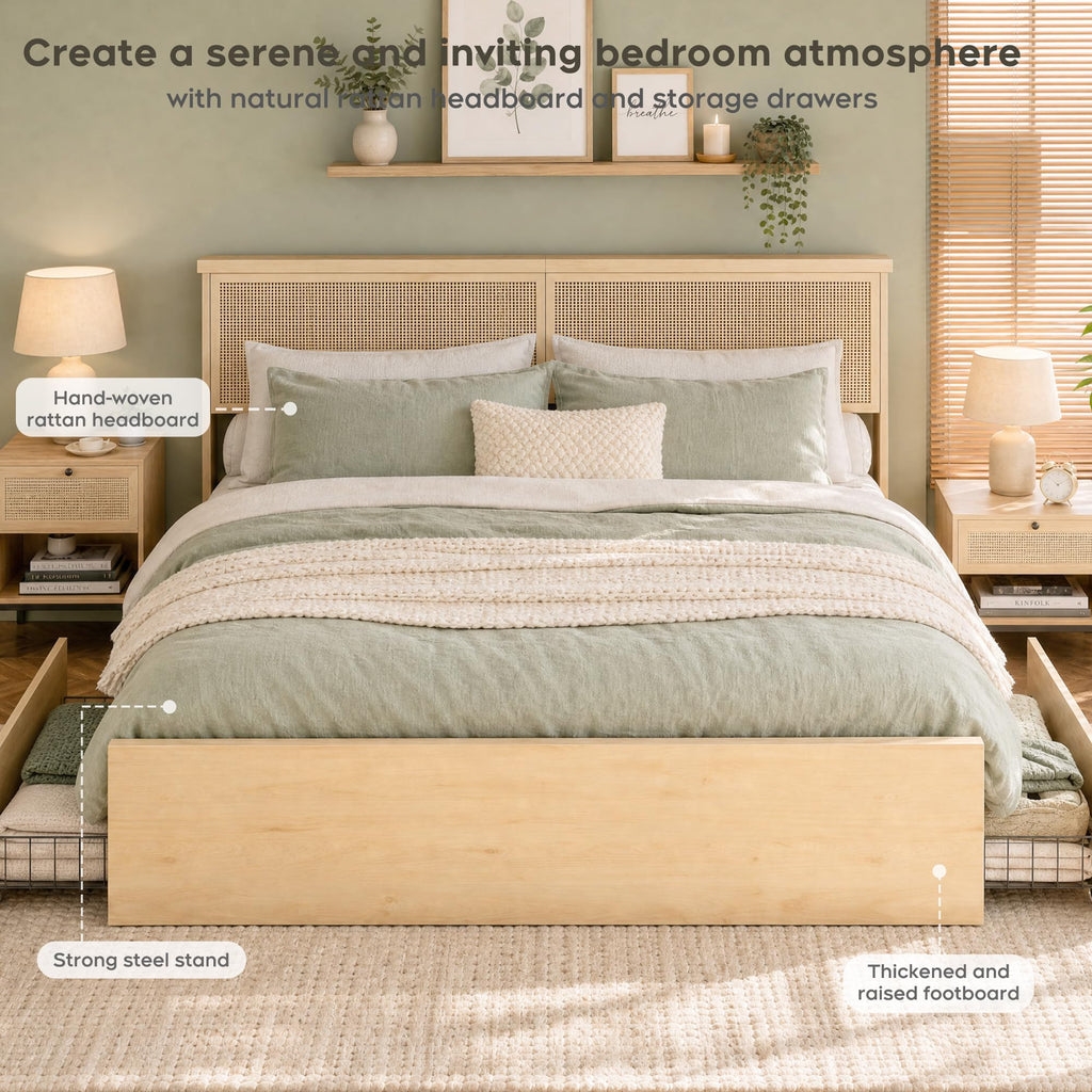 King Bed Frame with Natural Rattan Headboard and Wooden 4 Storage Drawers, Light Oak Metal Platform Bedframe with