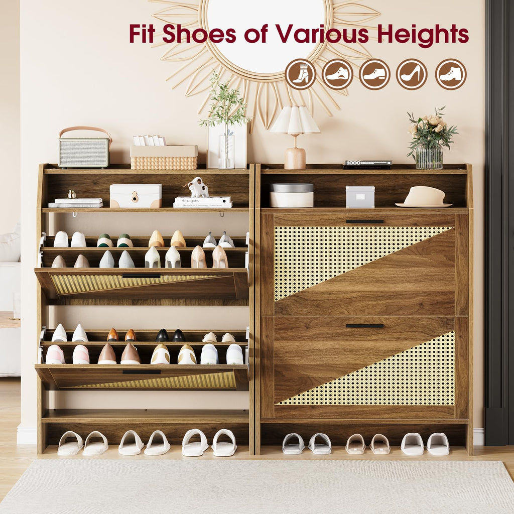 Rattan Shoe Storage Cabinet with 2 Flip Drawers, Wooden Shoe Cabinet with Adjustable Shelf, Narrow Shoe Rack