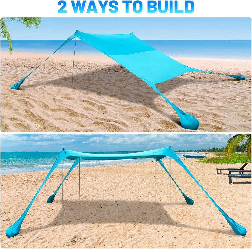 Family Beach Tent Canopy Sun Shade, Pop Up Grande Beach Tent Sun Shelter Stability 4 Poles with Portable Carry Bag