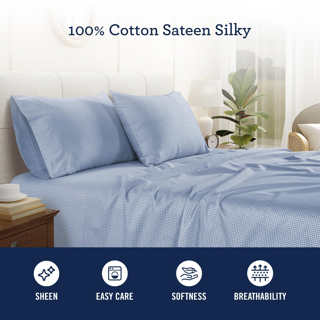 Twin Bed Sheet Set, 100% Cotton Sateen Silky, Blue Gingham, Soft, 3Pc
