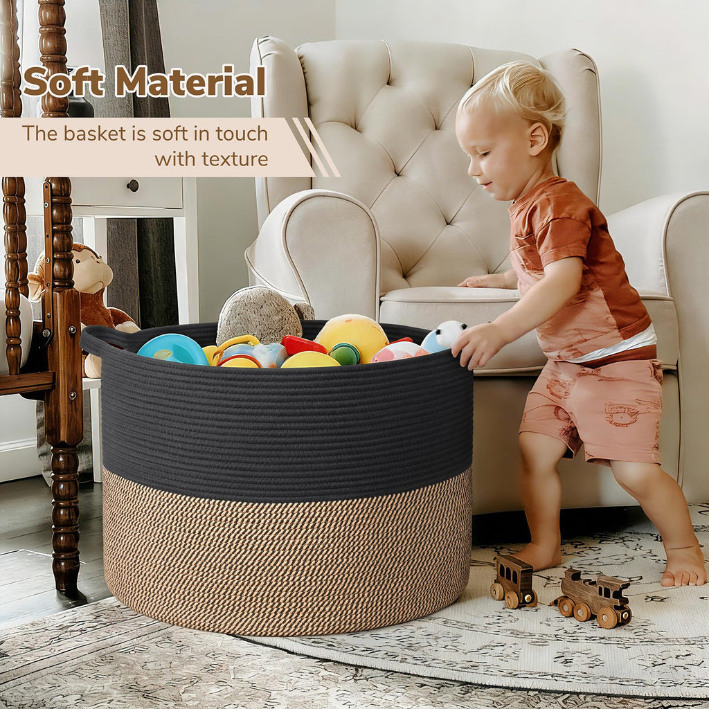 Extra Large Woven Rope Blanket Basket Living Room, Mix Black