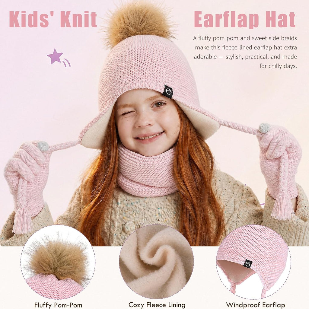 Kids Winter Hat Gloves Scarf Set Warm Earflaps Soft Fleece Lined