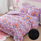 Full Comforter Set for Girls-7 Pieces Purple Rainbow Glow in the Dark Full Bedding Sets for Kids