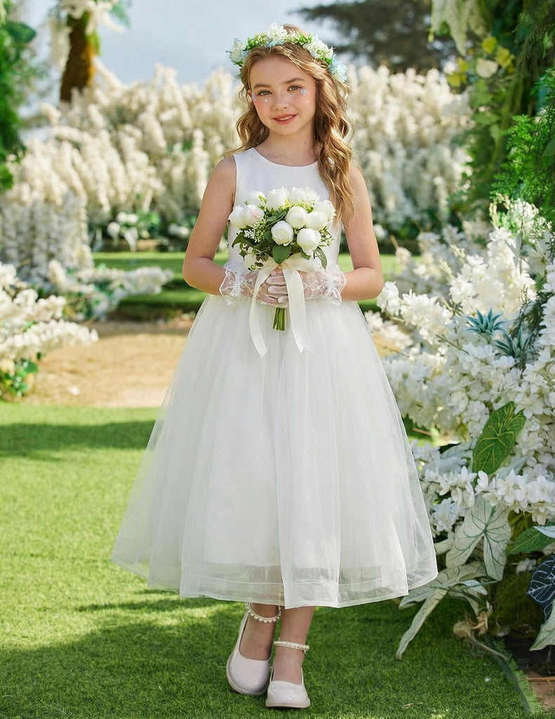 Flower Girl Dress V-Back Bowknot Formal Party Long Tulle Dresses