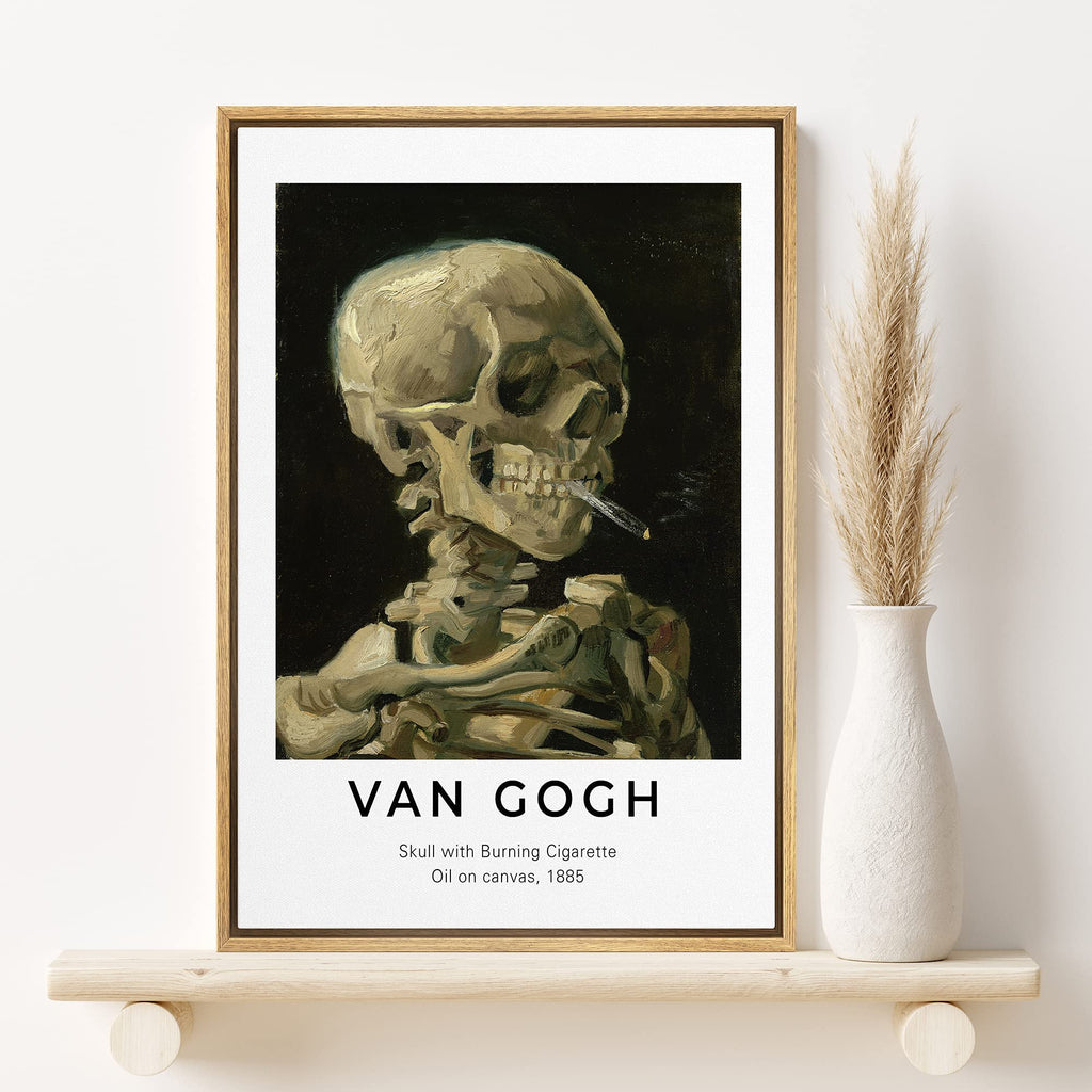 Framed Canvas Print Wall Art Van Gogh Skull with Burning Cigarette Decorative Brushstroke Illustrations Fine Art