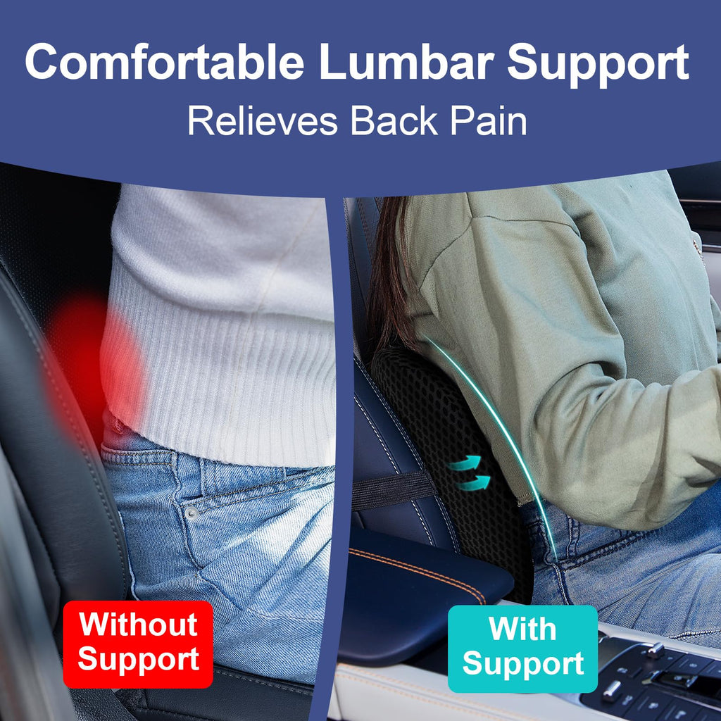 Lumbar Support Pillow for Car, Memory Foam Car Seat Back Support Pillow for Driving, Back Cushion with Strap for Pain