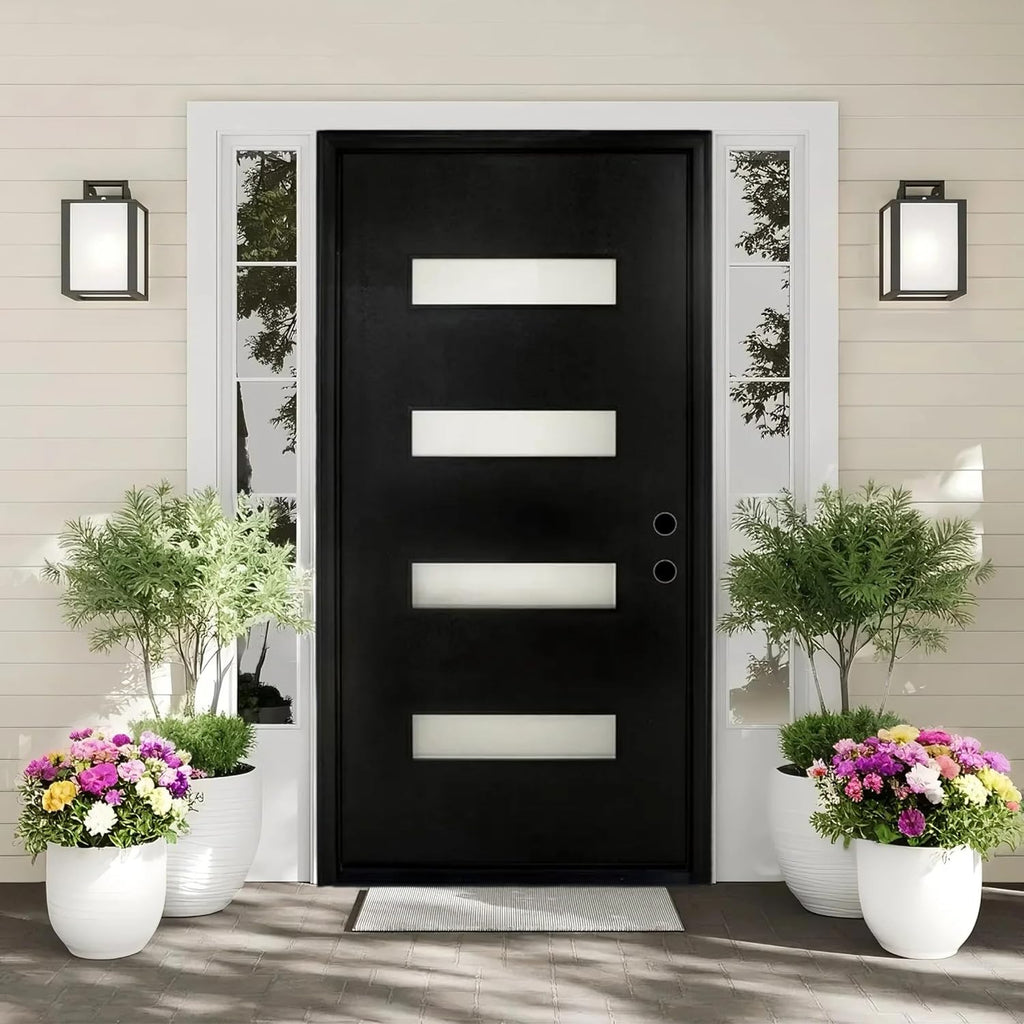 Fiberglass Entry Door Left Hand Inswing, 36 x 80, 4 Lite Frosted Glass 4-9/16 in. Vinyl Frame, Contemporary Style for