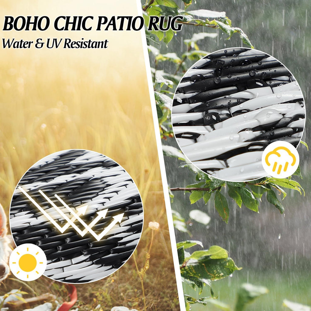 Round Outdoor Rugs 8Ft Waterproof Reversible Outdoor Patio Rugs Black Lightweight Plastic Straw Rugs Portable RV