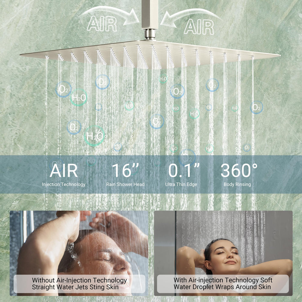 Thermostatic Dual Shower Head System with 6 Body Jets, 6-Inch Shower & 16" Rainfall Shower, Luxury Brushed Nickel