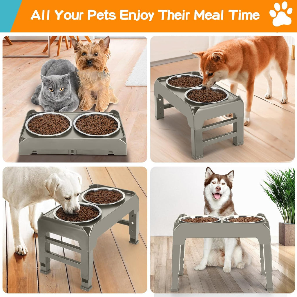 Elevated Bowls, 4 Height Adjustable Raised Stand With 2 Thick 50oz Stainless Steel Food Bowls, Non-Slip Feeder