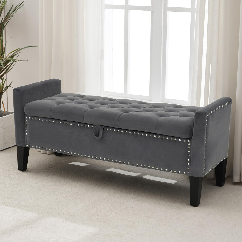 46" Storage Ottoman Bench, Velvet Footstool, Dark Grey