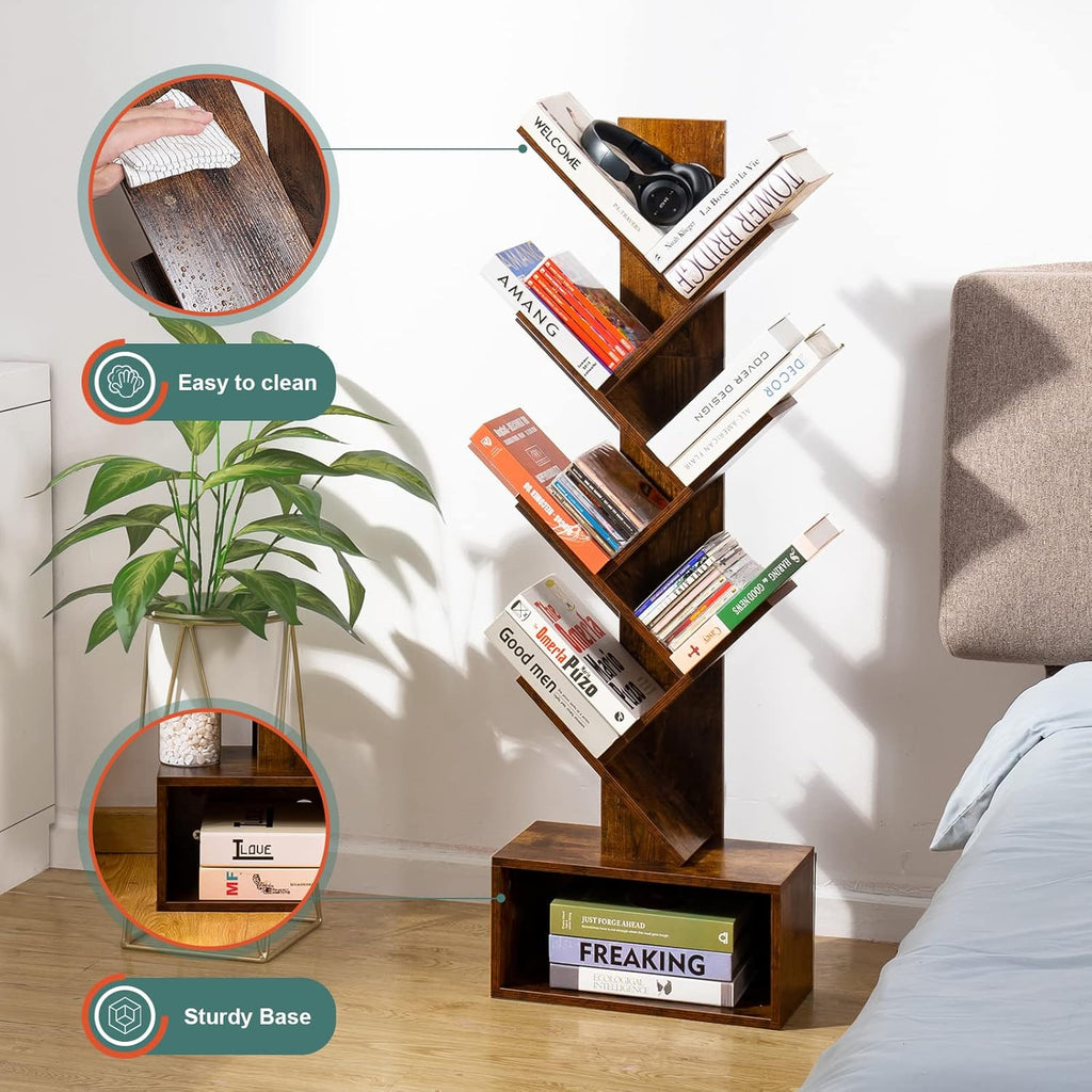 Tree Bookshelf - 6 Shelf Retro Floor Standing Bookcase, Tall Wood Book Storage Rack for CDs/Movies/Books