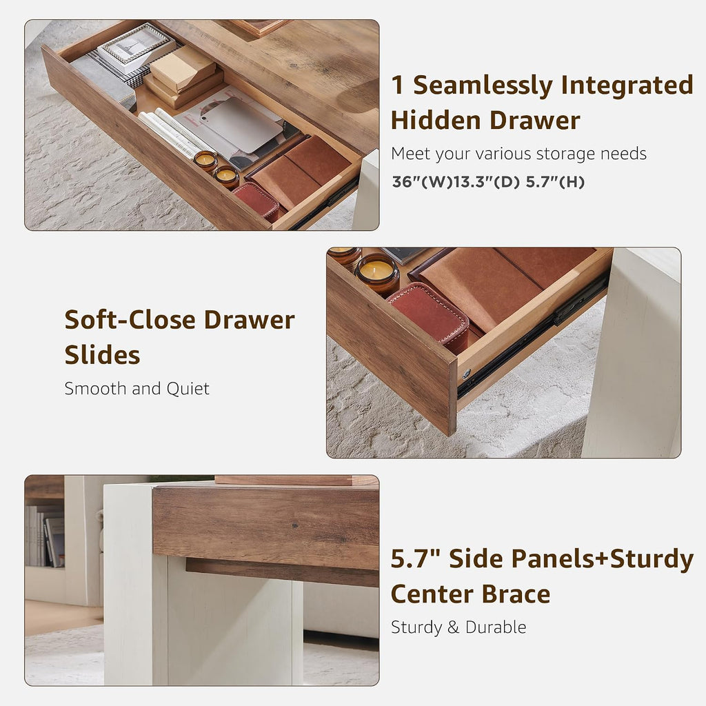 48" Modern Farmhouse Coffee Table, Wooden Living Room Table with Hidden Storage Drawer