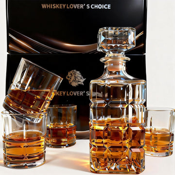 32oz Whiskey Decanter Set with 4 Crystal Glasses - Large Geometric Design, Airtight Silicone Seal, Lead-Free - Set of 7