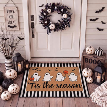 2 Pcs Halloween Layered Doormat Set for Front Porch, Cute Ghost | Tis the Season Ghost Pumpkin Mat with Black White