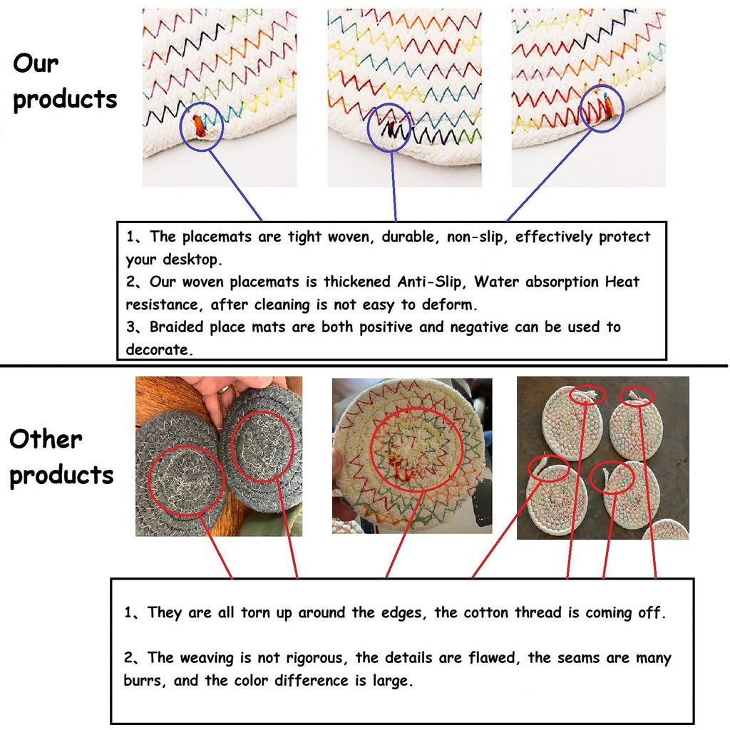 6 Pack Woven Placemats Large Table Mats, 13.8 inches Round Farmhouse Heat Dinner Plate Mat Set - Cotton Braided