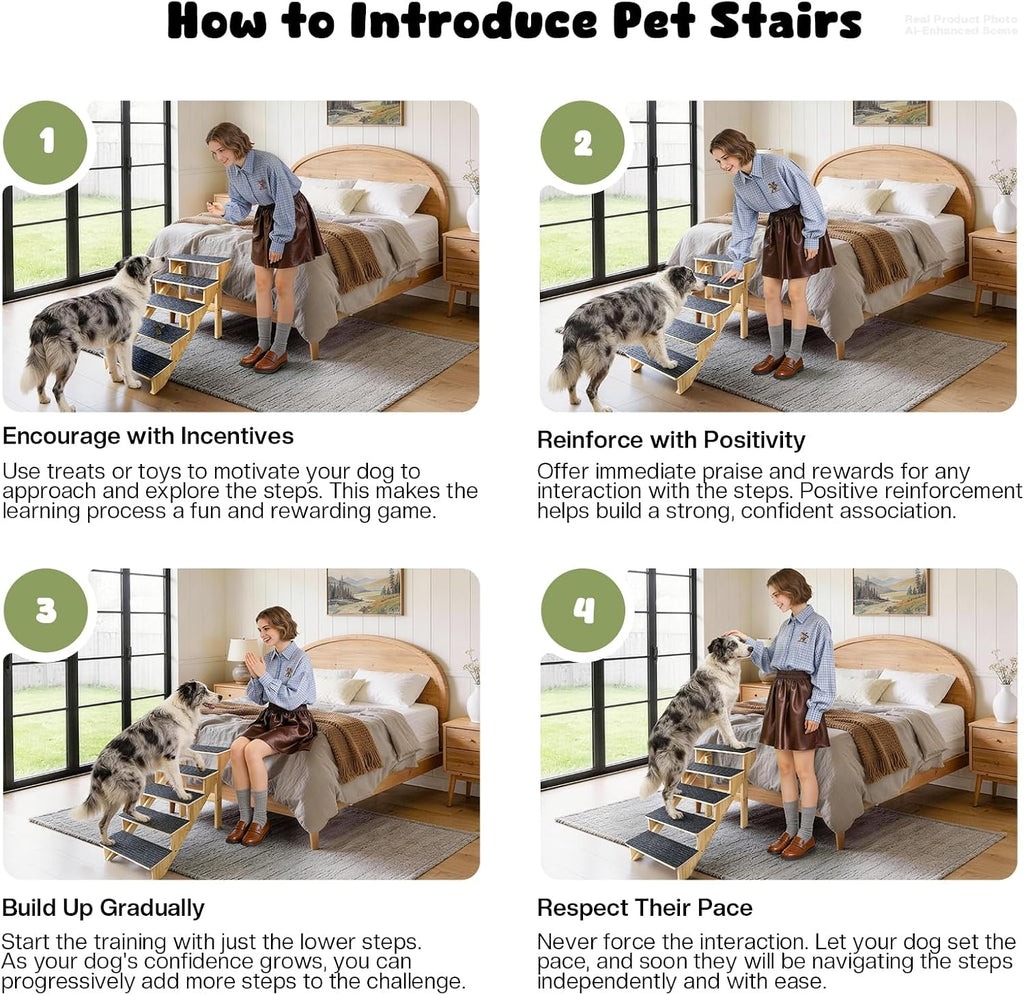 5-Step Dog Stairs for Large Dogs, Solid Wooden Dog Steps for Beds/Couch with Carpet, 24 Inches Anti-Slip Pet Stairs