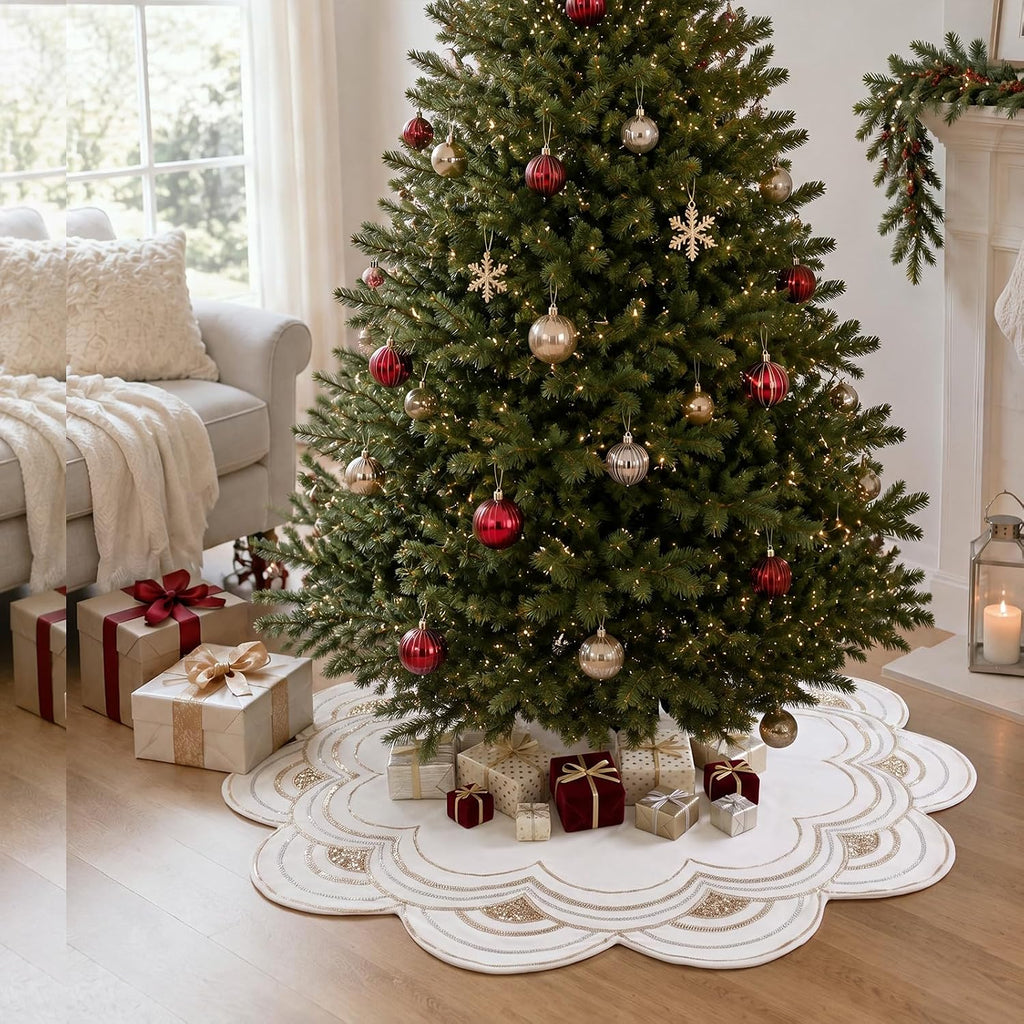 60" Beaded Christmas Tree Skirt Velvet Sequin Xmas Tree Mat,White