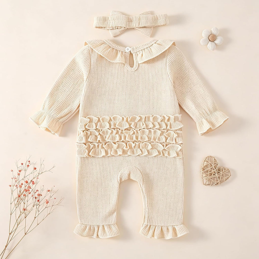 2 Piece Long Sleeve Ruffle Jumpsuit,Baby Girl Waffle Romper with Headband