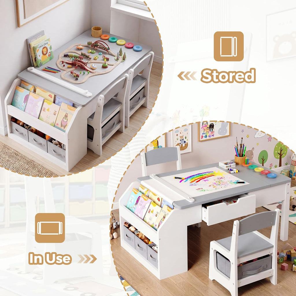 In-1 Kids Table and Chairs, Toddler Table and Chair Set with Drawers, Convertible Craft Play Desk with Art Easel &