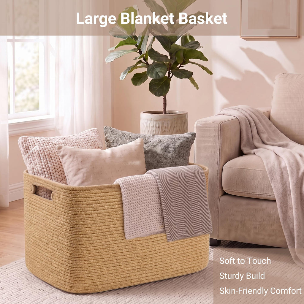 75L Large Jute Rope Storage Basket, 22"x17"x12" Woven Laundry Hamper, Blanket Basket , Toy Storage Bin for Kids