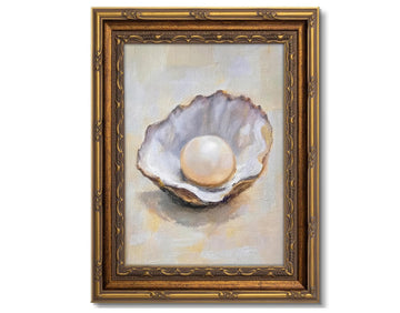 Vintage Gold Framed Coastal Oysters Shell Pearl Canvas Wall Art 12X16in