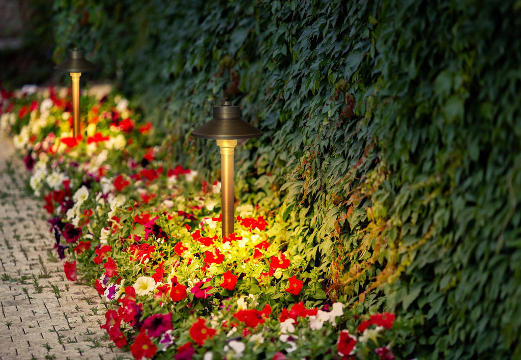Solid Brass Landscape Path Lights (5" Shade, 20" Tall), Low Voltage LED 3W China Hat Path Lighting, Outdoor