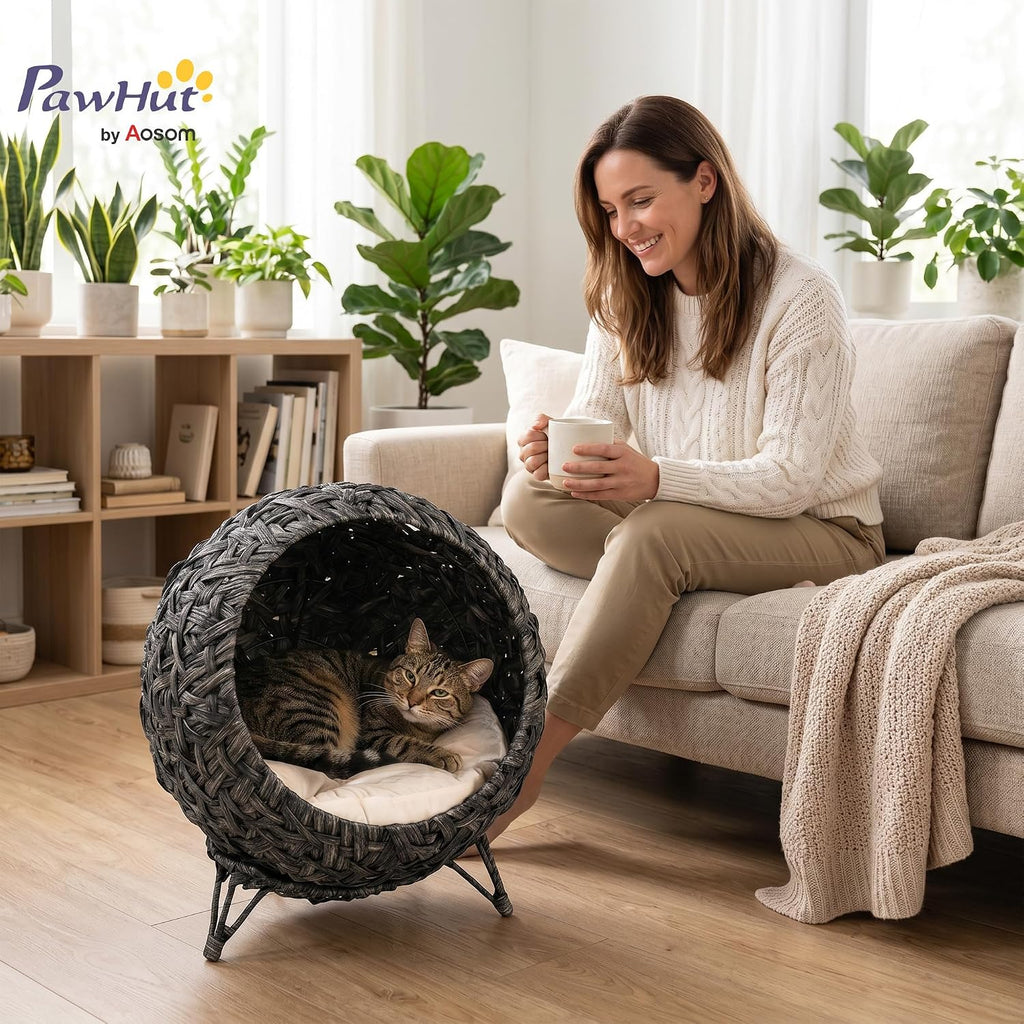 Rattan Cat Bed Elevated Handwoven Cat Basket Bed for Kittens Gray