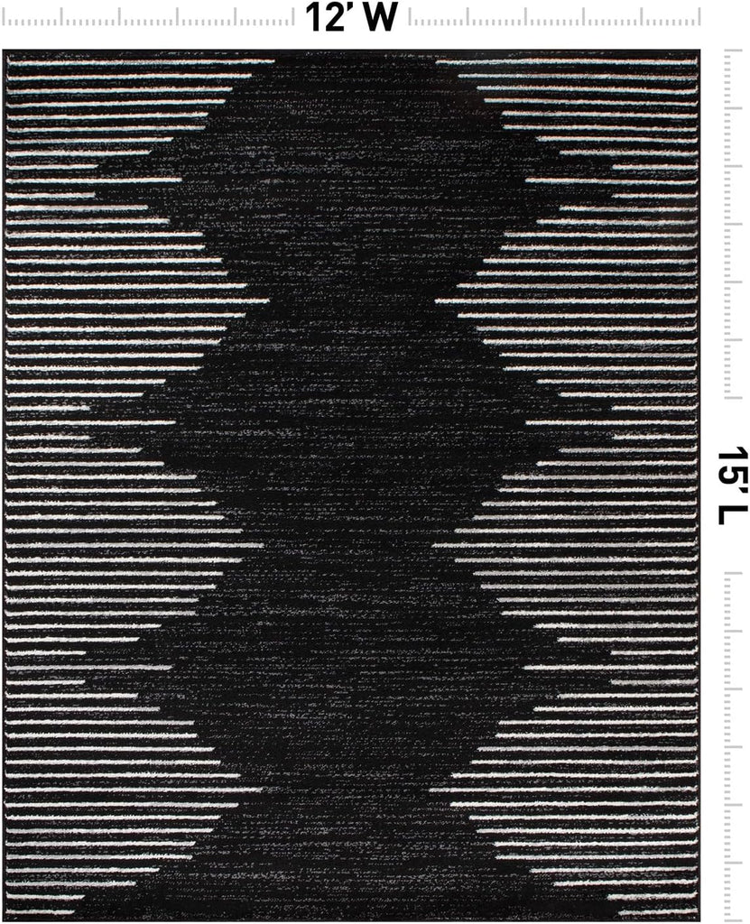 Bohemian Stripe Stain Resistant High Traffic Kitchen Dining Area Rug 12' x 15' Black
