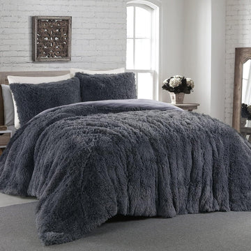 Oversized King Faux Fur Fluffy Comforter Set 120x120, 3 Piece Shaggy Plush Velvet Bedding Thick Comforter with Shams