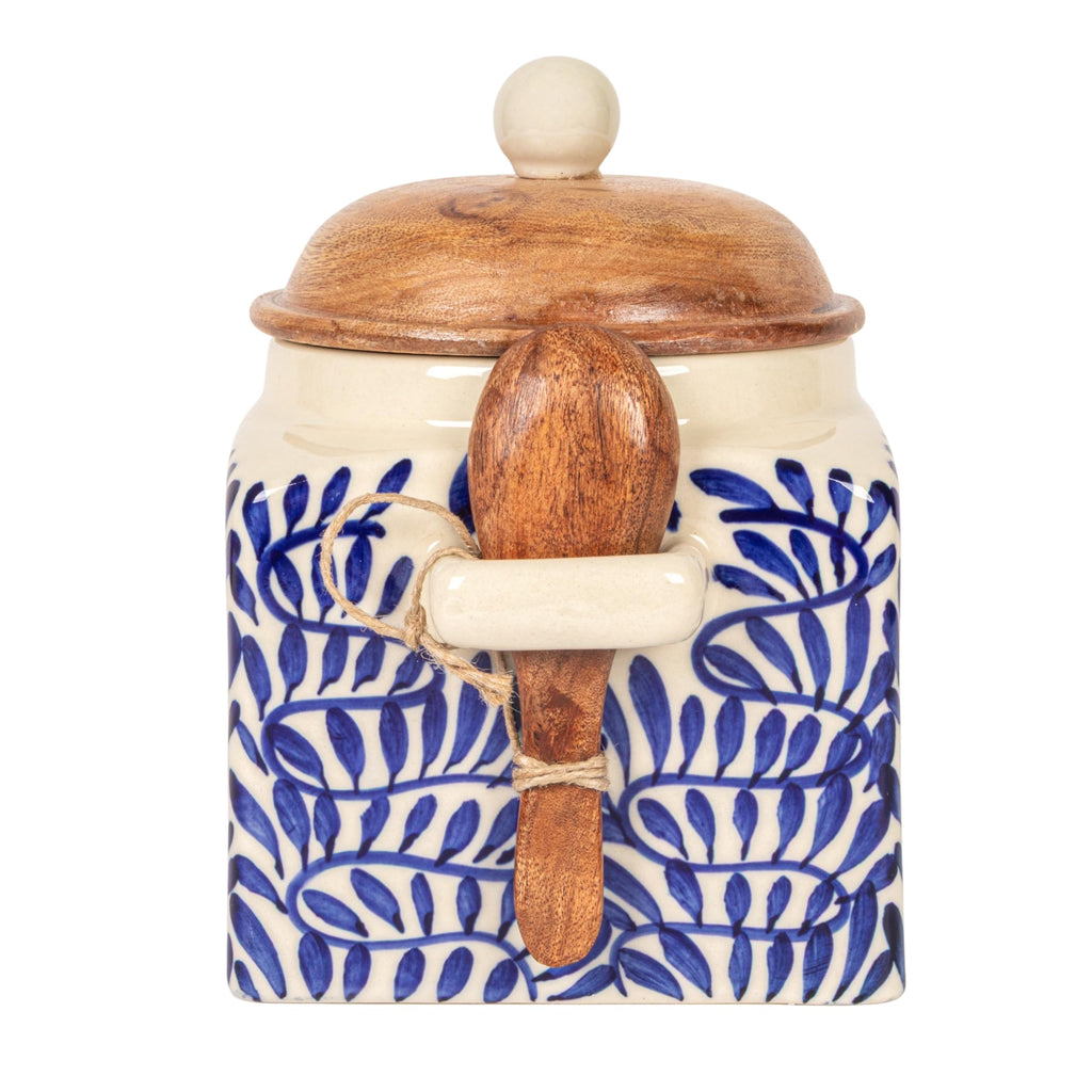 Co-Op Stoneware Canister with Design, Lid and Spoon, Cream, Blue and Natural