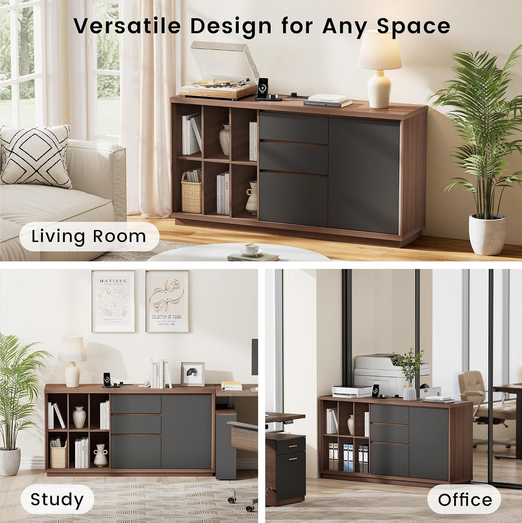 60" File Cabinet with Drawers & Door, Built-in Charging Station | Office Storage Credenza with 6 Open Cubes