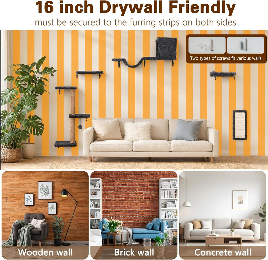 Cat Wall Shelves 6-in-1 Wall Mounted Cat Furniture 40 lbs, Dark Grey
