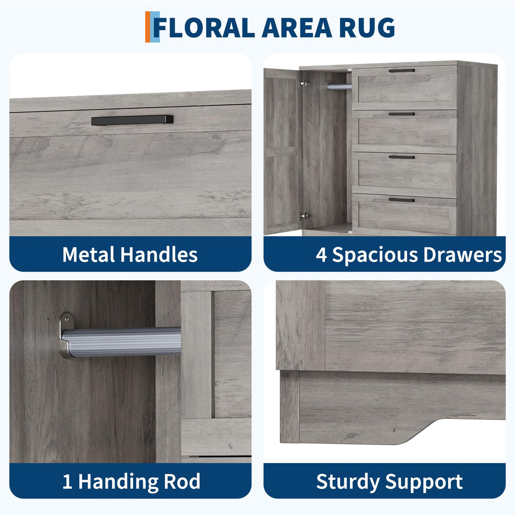 43.3'' H Armoire Wardrobe Closet with 4 Drawers and Hanging Rod, Multifunctional Wood 4 Drawers Dresser with Storage