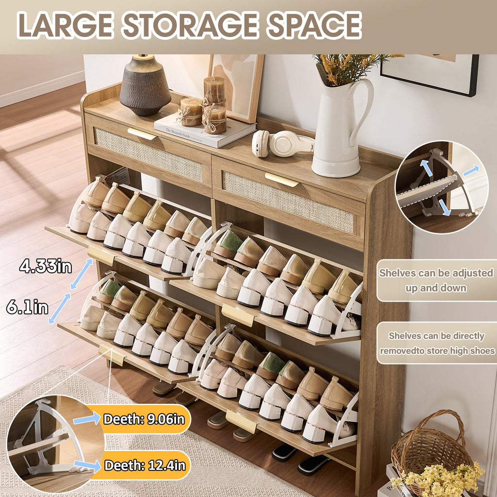 Rattan Shoe Storage Cabinet with 4 Flip Drawers & 2 Drawers, Freestanding Organizer for Front Door Entrance, Hidden