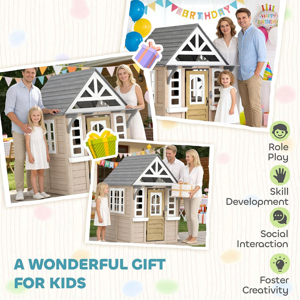 Kids Outdoor Playhouse Wooden Kids Cottage with Dog Door Ages 2+ Gray | Cookware, Planter Box, Bell, Blackboard