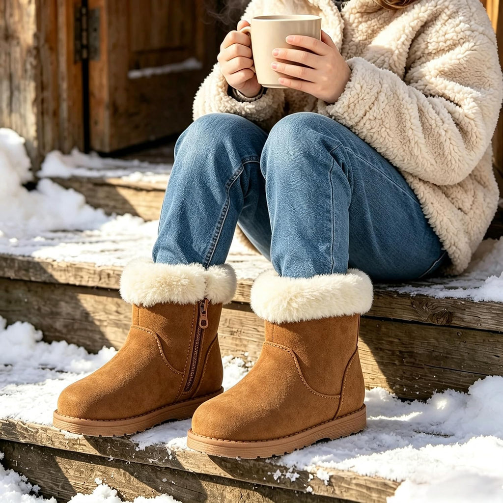 Girls Fuzzy Warm Winter Short Boots with Furry Faux Fur Lining Bootie Shoes for Toddler Little Big Kids Girls